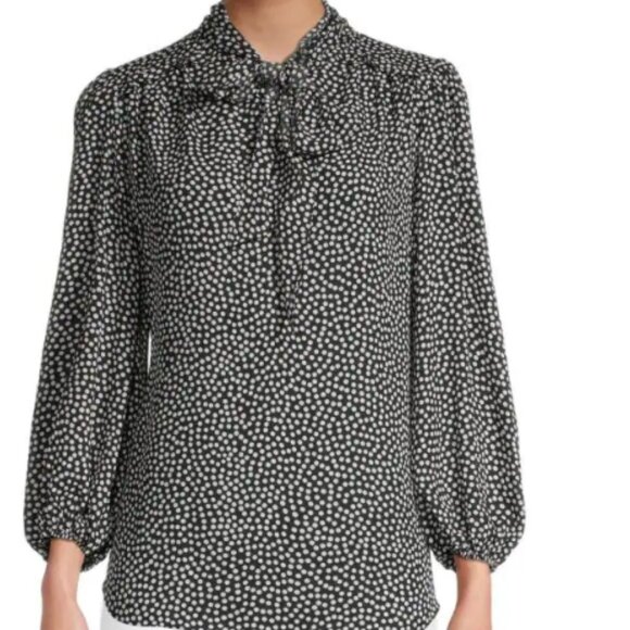 Max Studio Women's 1X Long Sleeve Black & White Polka Dot Tie Neck Blouse New - Picture 1 of 3